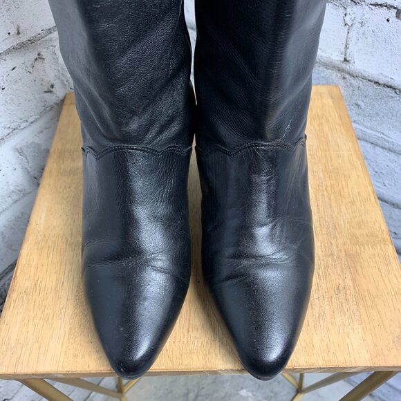 Vintage 80s Black Leather Retro Boots Black 7 Mid Calf Mid Low Kitten Cone Heel - Picture 5 of 16